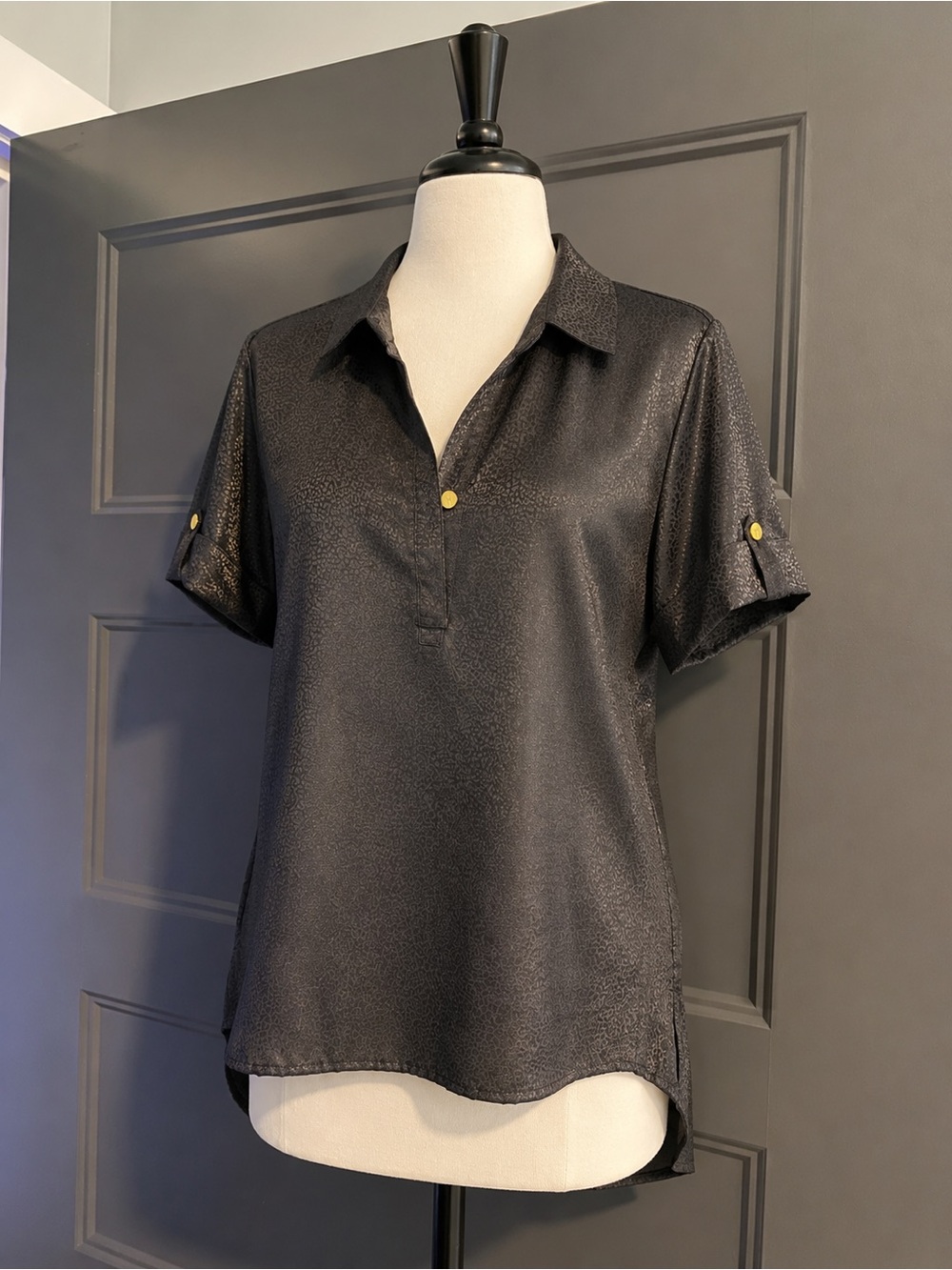 Calvin Klein Black Short Sleeve Button-Accent Collared Shirt